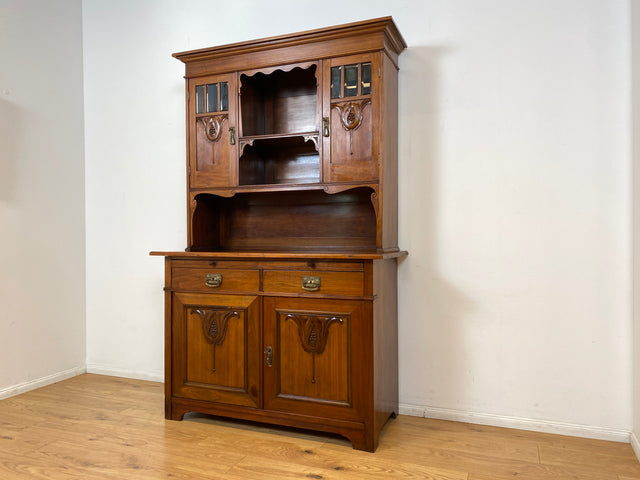 WMK I Wunderschöne Jugendstil Anrichte aus massiver Eiche mit Glastüren & Schubladen, um 1910 I Buffet Büfett Küchenanrichte Kredenz Geschirrschrank Küche Vitrine Schrank Vintage Antik Magdeburg Bonn