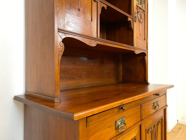 WMK I Wunderschöne Jugendstil Anrichte aus massiver Eiche mit Glastüren & Schubladen, um 1910 I Buffet Büfett Küchenanrichte Kredenz Geschirrschrank Küche Vitrine Schrank Vintage Antik Magdeburg Bonn