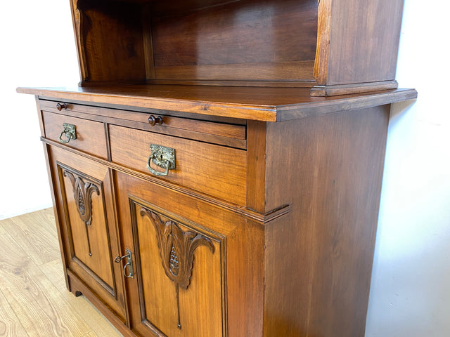 WMK I Wunderschöne Jugendstil Anrichte aus massiver Eiche mit Glastüren & Schubladen, um 1910 I Buffet Büfett Küchenanrichte Kredenz Geschirrschrank Küche Vitrine Schrank Vintage Antik Magdeburg Bonn