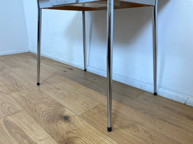 WMK # Schöner kleiner Space Age Küchentisch mit pflegeleichter weißer Resopal Tischplatte, Schublade und verchromten Tischfüßen I Tisch Esstisch Schreibtisch Retro Vintage 70er Berlin Leipzig Dortmund