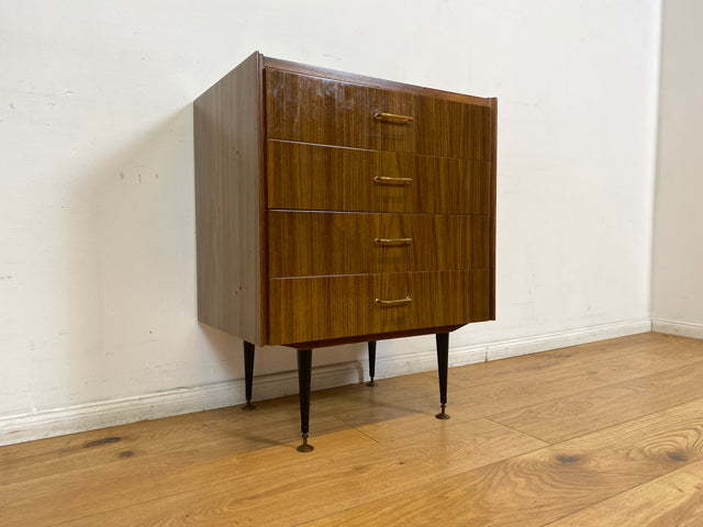 WMK I Hübsche kleine dunkle 70er Jahre DDR Kommode mit Schubladen , formschönen Messinggriffen & Metallfüßen I Schränkchen Tisch Nacht Wäsche Flur Beistell Bad Retro Vintage VEB Berlin Hamburg Bochum