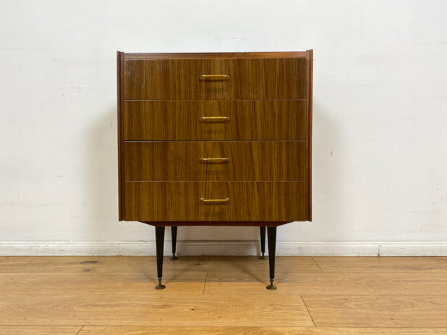 WMK I Hübsche kleine dunkle 70er Jahre DDR Kommode mit Schubladen , formschönen Messinggriffen & Metallfüßen I Schränkchen Tisch Nacht Wäsche Flur Beistell Bad Retro Vintage VEB Berlin Hamburg Bochum