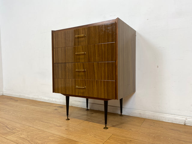 WMK I Hübsche kleine dunkle 70er Jahre DDR Kommode mit Schubladen , formschönen Messinggriffen & Metallfüßen I Schränkchen Tisch Nacht Wäsche Flur Beistell Bad Retro Vintage VEB Berlin Hamburg Bochum