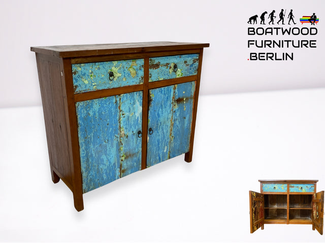 Boatwood by WMK I Meeresblaue Kommode handgefertigt aus altem Bootsholz I Teakholz massiv I Schrank Sideboard Anrichte Büfett Buffet Schuhschrank Flurkommode Fernsehkommode Berlin Rostock NRW Bayern
