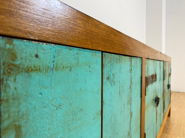 Boatwood by WMK # Schönes langes Sideboard in Meeresblau, ein aus altem Bootsholz handgefertigtes Unikat aus massivem Teakholz # Kommode Lowboard TV-Lowboard TV-Board TV-Bank Anrichte Bootsmöbel Teak