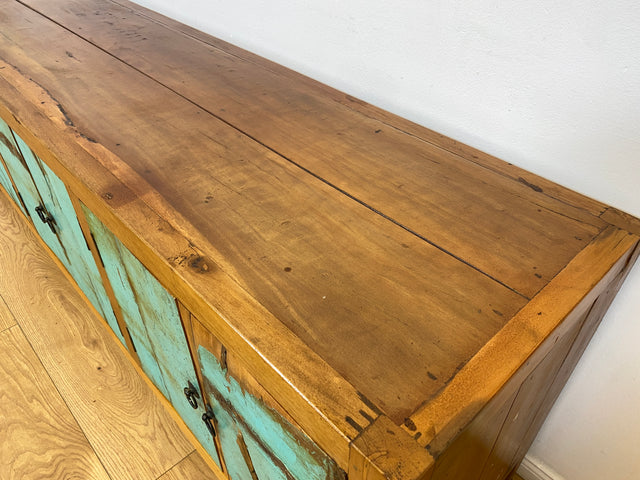 Boatwood by WMK # Schönes langes Sideboard in Meeresblau, ein aus altem Bootsholz handgefertigtes Unikat aus massivem Teakholz # Kommode Lowboard TV-Lowboard TV-Board TV-Bank Anrichte Bootsmöbel Teak