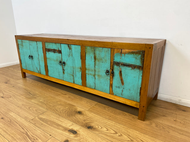 Boatwood by WMK # Schönes langes Sideboard in Meeresblau, ein aus altem Bootsholz handgefertigtes Unikat aus massivem Teakholz # Kommode Lowboard TV-Lowboard TV-Board TV-Bank Anrichte Bootsmöbel Teak