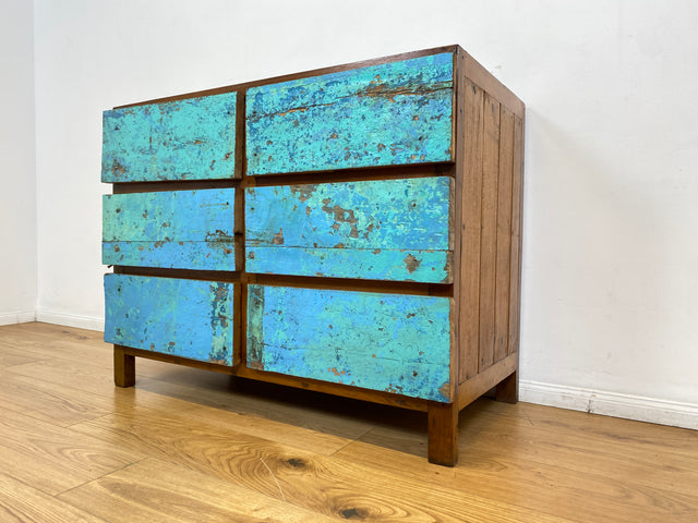 Boatwood by WMK # Meeresblaue Kommode mit Schubladen I Handmade Unikat aus altem Bootsholz I Teakholz massiv # Sideboard Schubladenkommode Wäschekommode Wickelkommode Anrichte Schrank NRW Kiel Rostock