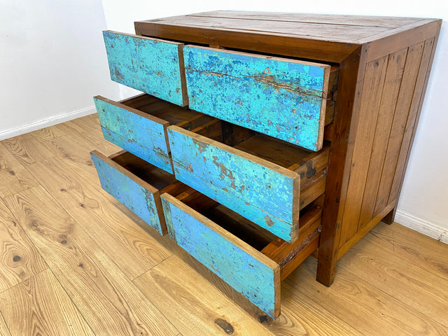 Boatwood by WMK # Meeresblaue Kommode mit Schubladen I Handmade Unikat aus altem Bootsholz I Teakholz massiv # Sideboard Schubladenkommode Wäschekommode Wickelkommode Anrichte Schrank NRW Kiel Rostock