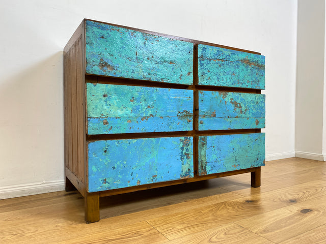 Boatwood by WMK # Meeresblaue Kommode mit Schubladen I Handmade Unikat aus altem Bootsholz I Teakholz massiv # Sideboard Schubladenkommode Wäschekommode Wickelkommode Anrichte Schrank NRW Kiel Rostock