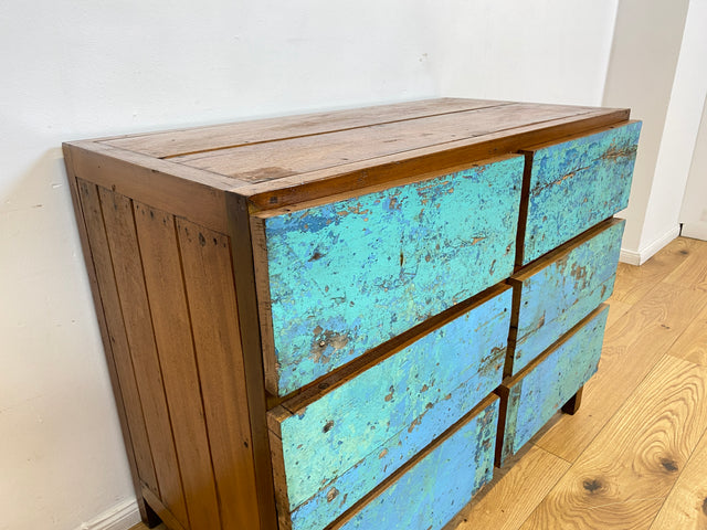 Boatwood by WMK # Meeresblaue Kommode mit Schubladen I Handmade Unikat aus altem Bootsholz I Teakholz massiv # Sideboard Schubladenkommode Wäschekommode Wickelkommode Anrichte Schrank NRW Kiel Rostock