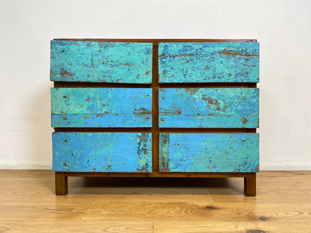 Boatwood by WMK # Meeresblaue Kommode mit Schubladen I Handmade Unikat aus altem Bootsholz I Teakholz massiv # Sideboard Schubladenkommode Wäschekommode Wickelkommode Anrichte Schrank NRW Kiel Rostock
