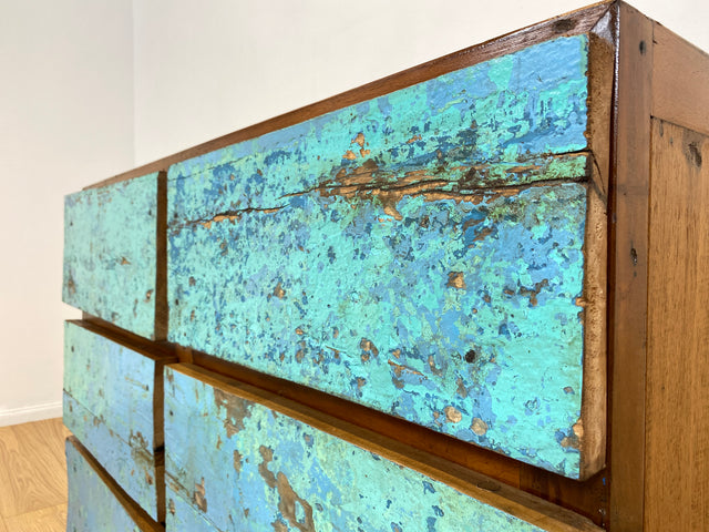 Boatwood by WMK # Meeresblaue Kommode mit Schubladen I Handmade Unikat aus altem Bootsholz I Teakholz massiv # Sideboard Schubladenkommode Wäschekommode Wickelkommode Anrichte Schrank NRW Kiel Rostock