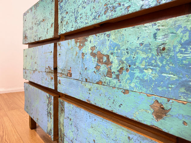 Boatwood by WMK # Meeresblaue Kommode mit Schubladen I Handmade Unikat aus altem Bootsholz I Teakholz massiv # Sideboard Schubladenkommode Wäschekommode Wickelkommode Anrichte Schrank NRW Kiel Rostock
