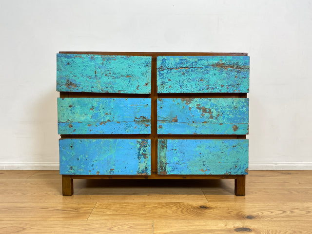 Boatwood by WMK # Meeresblaue Kommode mit Schubladen I Handmade Unikat aus altem Bootsholz I Teakholz massiv # Sideboard Schubladenkommode Wäschekommode Wickelkommode Anrichte Schrank NRW Kiel Rostock