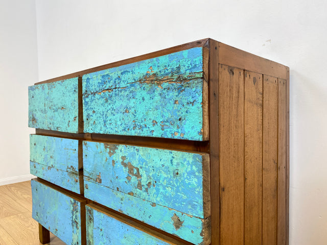 Boatwood by WMK # Meeresblaue Kommode mit Schubladen I Handmade Unikat aus altem Bootsholz I Teakholz massiv # Sideboard Schubladenkommode Wäschekommode Wickelkommode Anrichte Schrank NRW Kiel Rostock