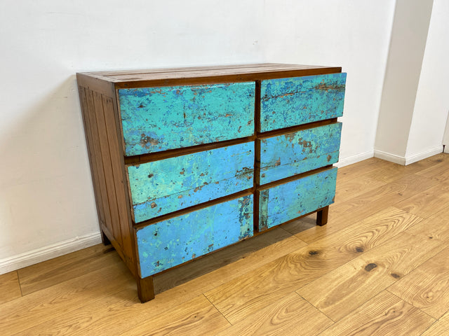 Boatwood by WMK # Meeresblaue Kommode mit Schubladen I Handmade Unikat aus altem Bootsholz I Teakholz massiv # Sideboard Schubladenkommode Wäschekommode Wickelkommode Anrichte Schrank NRW Kiel Rostock
