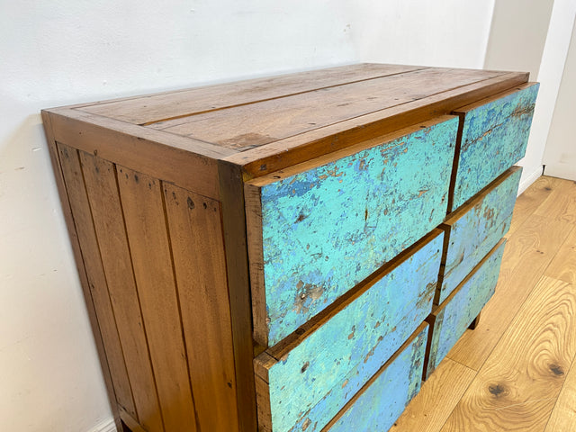 Boatwood by WMK # Meeresblaue Kommode mit Schubladen I Handmade Unikat aus altem Bootsholz I Teakholz massiv # Sideboard Schubladenkommode Wäschekommode Wickelkommode Anrichte Schrank NRW Kiel Rostock
