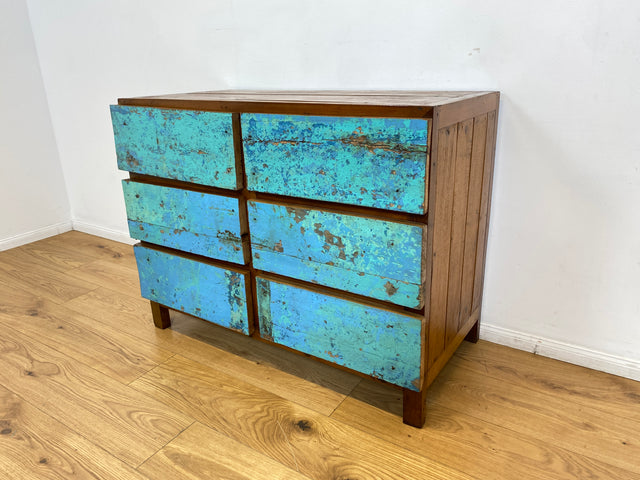 Boatwood by WMK # Meeresblaue Kommode mit Schubladen I Handmade Unikat aus altem Bootsholz I Teakholz massiv # Sideboard Schubladenkommode Wäschekommode Wickelkommode Anrichte Schrank NRW Kiel Rostock