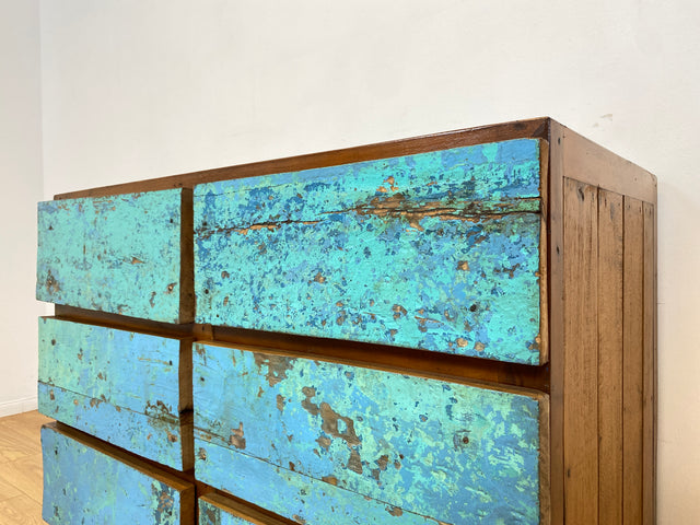 Boatwood by WMK # Meeresblaue Kommode mit Schubladen I Handmade Unikat aus altem Bootsholz I Teakholz massiv # Sideboard Schubladenkommode Wäschekommode Wickelkommode Anrichte Schrank NRW Kiel Rostock