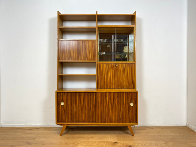 WMK I Stilvolles Mid-Century Highboard mit verspiegelter Vitrine & Schiebetüren I Wohnzimmerschrank Sideboard Regalwand Regal Bücherregal Bücherschrank Bar Barschrank Vintage 60er Berlin Köln Koblenz