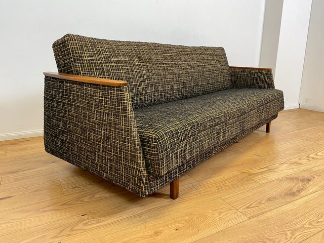 WMK I Formschönes Mid-Century Sofa mit Schlaffunktion, tollem Originalbezug, & Bettwäschefach I Couch Schlafsofa Schlafcouch Klappcouch Klappsofa Daybed Vintage 50er 60er I Berlin Koblenz Flensburg