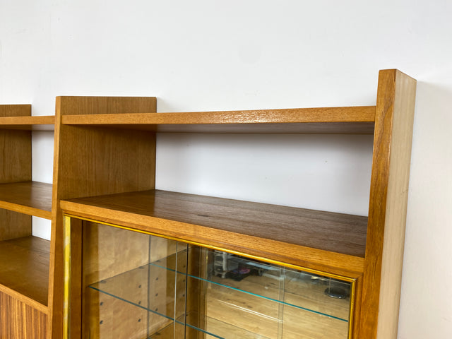 WMK I Stilvolles Mid-Century Highboard mit verspiegelter Vitrine & Schiebetüren I Wohnzimmerschrank Sideboard Regalwand Regal Bücherregal Bücherschrank Bar Barschrank Vintage 60er Berlin Köln Koblenz
