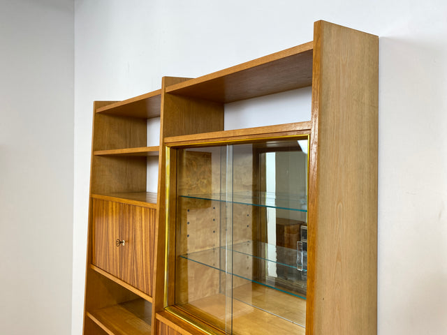 WMK I Stilvolles Mid-Century Highboard mit verspiegelter Vitrine & Schiebetüren I Wohnzimmerschrank Sideboard Regalwand Regal Bücherregal Bücherschrank Bar Barschrank Vintage 60er Berlin Köln Koblenz