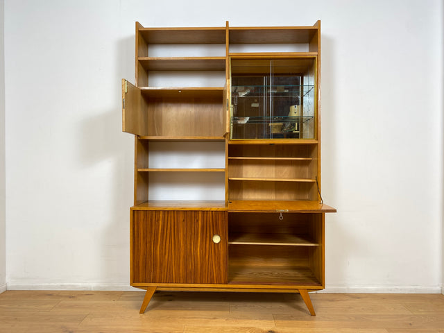 WMK I Stilvolles Mid-Century Highboard mit verspiegelter Vitrine & Schiebetüren I Wohnzimmerschrank Sideboard Regalwand Regal Bücherregal Bücherschrank Bar Barschrank Vintage 60er Berlin Köln Koblenz