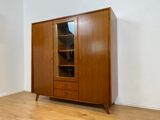 WMK I Stilvoller Mid-Century Schrank aus vollem Holz mit Schubladen & Glastür I Kleiderschrank Wäscheschrank Highboard Vitrine Garderobe Dielenschrank Cabinet 50er 60er Vintage Frankfurt Bonn Dresden