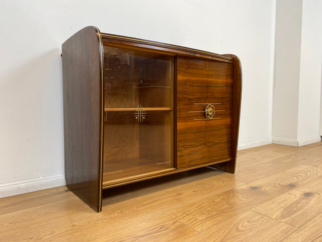 WMK # Besonderer & sehr gut erhaltener Mid-Century Barschrank , Vollholz, mit Schiebetüren & zum Eckschrank ausklappbar # Barkommode Barvitrine Kommode Vitrine Eckkommode Eckvitrine Vintage 50er 60er