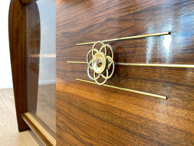WMK # Besonderer & sehr gut erhaltener Mid-Century Barschrank , Vollholz, mit Schiebetüren & zum Eckschrank ausklappbar # Barkommode Barvitrine Kommode Vitrine Eckkommode Eckvitrine Vintage 50er 60er