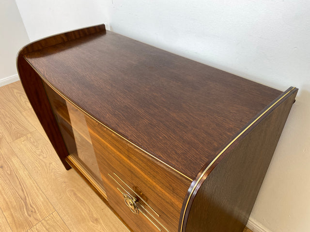WMK # Besonderer & sehr gut erhaltener Mid-Century Barschrank , Vollholz, mit Schiebetüren & zum Eckschrank ausklappbar # Barkommode Barvitrine Kommode Vitrine Eckkommode Eckvitrine Vintage 50er 60er
