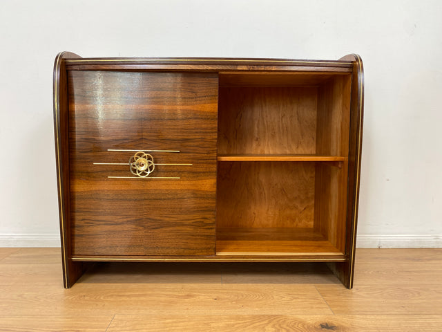 WMK # Besonderer & sehr gut erhaltener Mid-Century Barschrank , Vollholz, mit Schiebetüren & zum Eckschrank ausklappbar # Barkommode Barvitrine Kommode Vitrine Eckkommode Eckvitrine Vintage 50er 60er