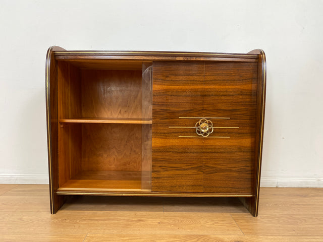 WMK # Besonderer & sehr gut erhaltener Mid-Century Barschrank , Vollholz, mit Schiebetüren & zum Eckschrank ausklappbar # Barkommode Barvitrine Kommode Vitrine Eckkommode Eckvitrine Vintage 50er 60er