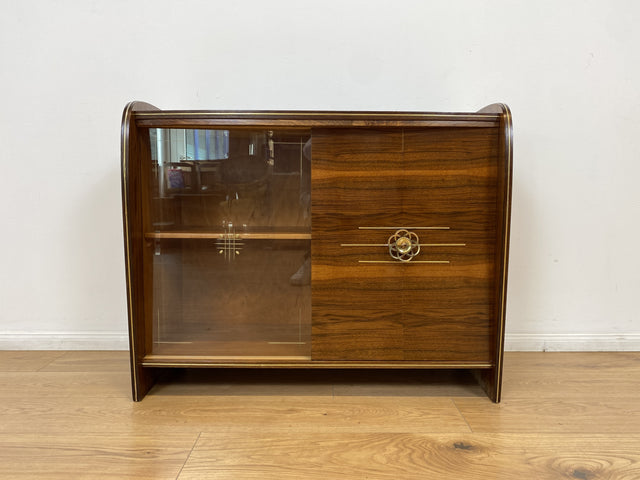 WMK # Besonderer & sehr gut erhaltener Mid-Century Barschrank , Vollholz, mit Schiebetüren & zum Eckschrank ausklappbar # Barkommode Barvitrine Kommode Vitrine Eckkommode Eckvitrine Vintage 50er 60er