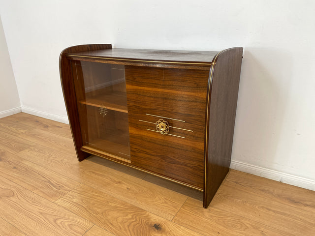 WMK # Besonderer & sehr gut erhaltener Mid-Century Barschrank , Vollholz, mit Schiebetüren & zum Eckschrank ausklappbar # Barkommode Barvitrine Kommode Vitrine Eckkommode Eckvitrine Vintage 50er 60er