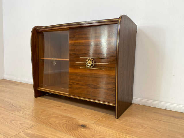 WMK # Besonderer & sehr gut erhaltener Mid-Century Barschrank , Vollholz, mit Schiebetüren & zum Eckschrank ausklappbar # Barkommode Barvitrine Kommode Vitrine Eckkommode Eckvitrine Vintage 50er 60er