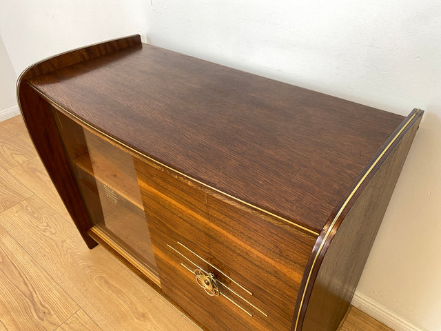 WMK # Besonderer & sehr gut erhaltener Mid-Century Barschrank , Vollholz, mit Schiebetüren & zum Eckschrank ausklappbar # Barkommode Barvitrine Kommode Vitrine Eckkommode Eckvitrine Vintage 50er 60er