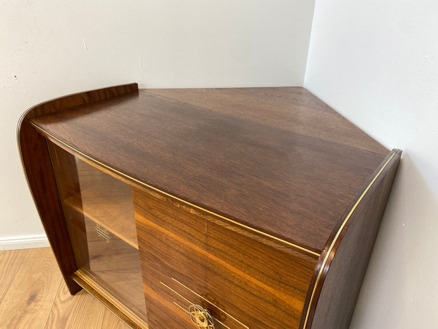 WMK # Besonderer & sehr gut erhaltener Mid-Century Barschrank , Vollholz, mit Schiebetüren & zum Eckschrank ausklappbar # Barkommode Barvitrine Kommode Vitrine Eckkommode Eckvitrine Vintage 50er 60er