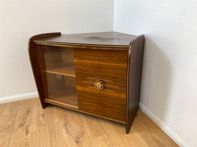 WMK # Besonderer & sehr gut erhaltener Mid-Century Barschrank , Vollholz, mit Schiebetüren & zum Eckschrank ausklappbar # Barkommode Barvitrine Kommode Vitrine Eckkommode Eckvitrine Vintage 50er 60er