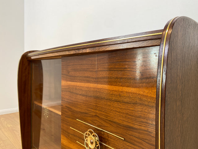 WMK # Besonderer & sehr gut erhaltener Mid-Century Barschrank , Vollholz, mit Schiebetüren & zum Eckschrank ausklappbar # Barkommode Barvitrine Kommode Vitrine Eckkommode Eckvitrine Vintage 50er 60er