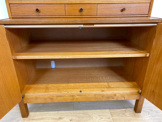 WMK # Stilvoller skandinavischer Mid-Century Bücherschrank in Teakholz mit auszieh. Schreibfläche & verstell. Regalböden # Bücherregal Regal Sekretär Highboard Sideboard Kommode Danish Design Vintage