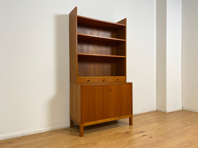 WMK # Stilvoller skandinavischer Mid-Century Bücherschrank in Teakholz mit auszieh. Schreibfläche & verstell. Regalböden # Bücherregal Regal Sekretär Highboard Sideboard Kommode Danish Design Vintage