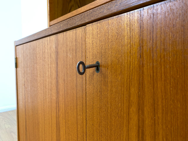 WMK # Stilvoller skandinavischer Mid-Century Bücherschrank in Teakholz mit auszieh. Schreibfläche & verstell. Regalböden # Bücherregal Regal Sekretär Highboard Sideboard Kommode Danish Design Vintage
