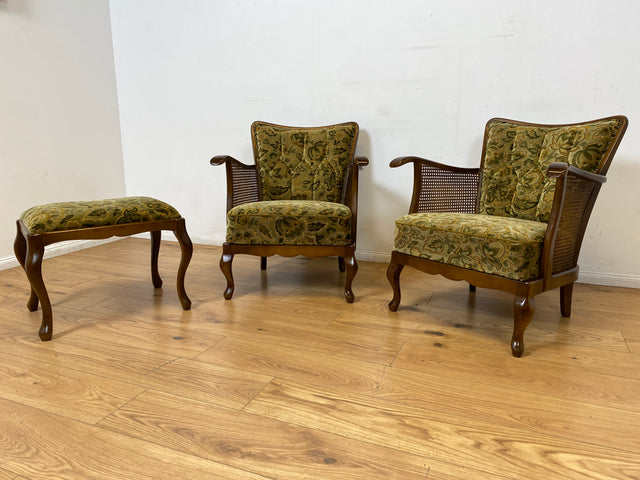 WMK I Eleganter Mid-Century Chippendale Hocker mit wunderschönem grünem Brokat Bezug und Cabriole Beinen I Sitzhocker Fußhocker Schemel Taburett Sitz 60er Vintage Barock Rokoko Berlin München Leipzig