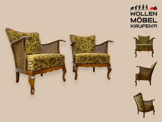 WMK I 1/2 Eleganter Mid-Century Chippendale Sessel mit wunderschönem grünem Brokat Bezug und Armlehnen mit Wiener Geflecht I Clubsessel Lesesessel Armchair 60er Vintage Barock Berlin Hof Hannover