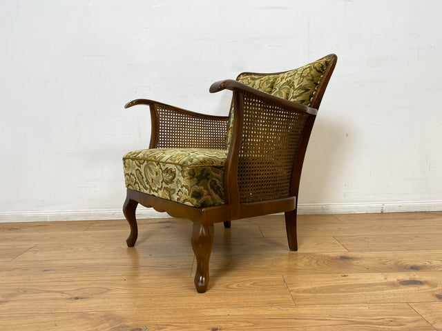 WMK I 1/2 Eleganter Mid-Century Chippendale Sessel mit wunderschönem grünem Brokat Bezug und Armlehnen mit Wiener Geflecht I Clubsessel Lesesessel Armchair 60er Vintage Barock Berlin Hof Hannover