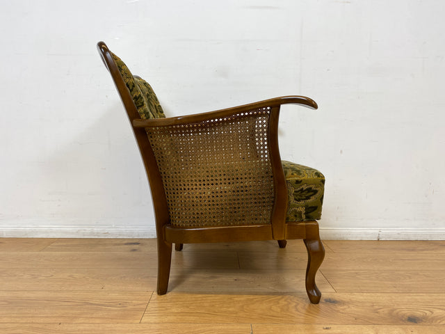 WMK I 1/2 Eleganter Mid-Century Chippendale Sessel mit wunderschönem grünem Brokat Bezug und Armlehnen mit Wiener Geflecht I Clubsessel Lesesessel Armchair 60er Vintage Barock Berlin Hof Hannover