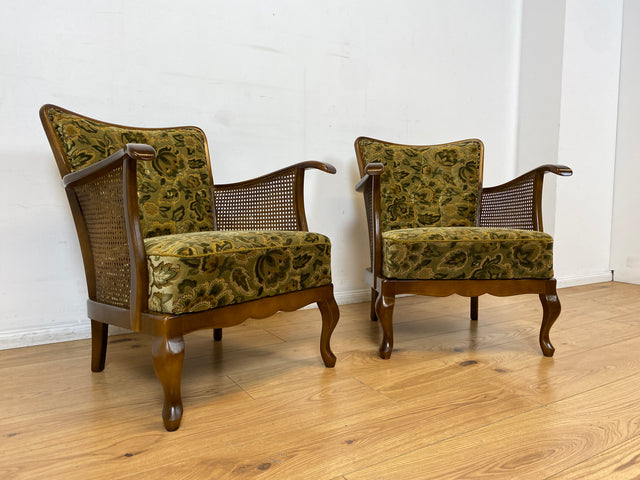 WMK I 1/2 Eleganter Mid-Century Chippendale Sessel mit wunderschönem grünem Brokat Bezug und Armlehnen mit Wiener Geflecht I Clubsessel Lesesessel Armchair 60er Vintage Barock Berlin Hof Hannover